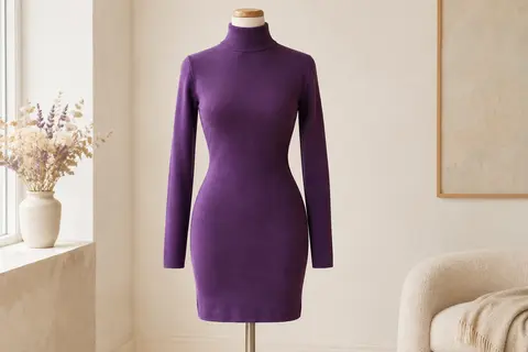 Robe pull violette à manches longues et col montant, présentée sur un mannequin de vitrine sans tête.