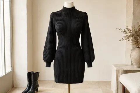 Mini robe pull noire à col montant, manches ballon et maille côtelée présentée sur un mannequin sans tête