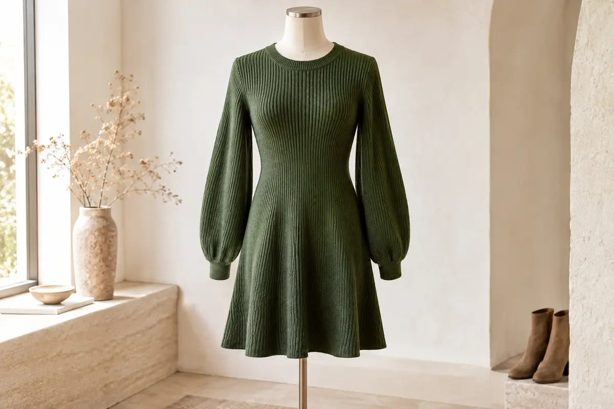 Robe pull Zeagoo verte en maille côtelée, à manches bouffantes et coupe évasée, présentée sur mannequin sans tête.