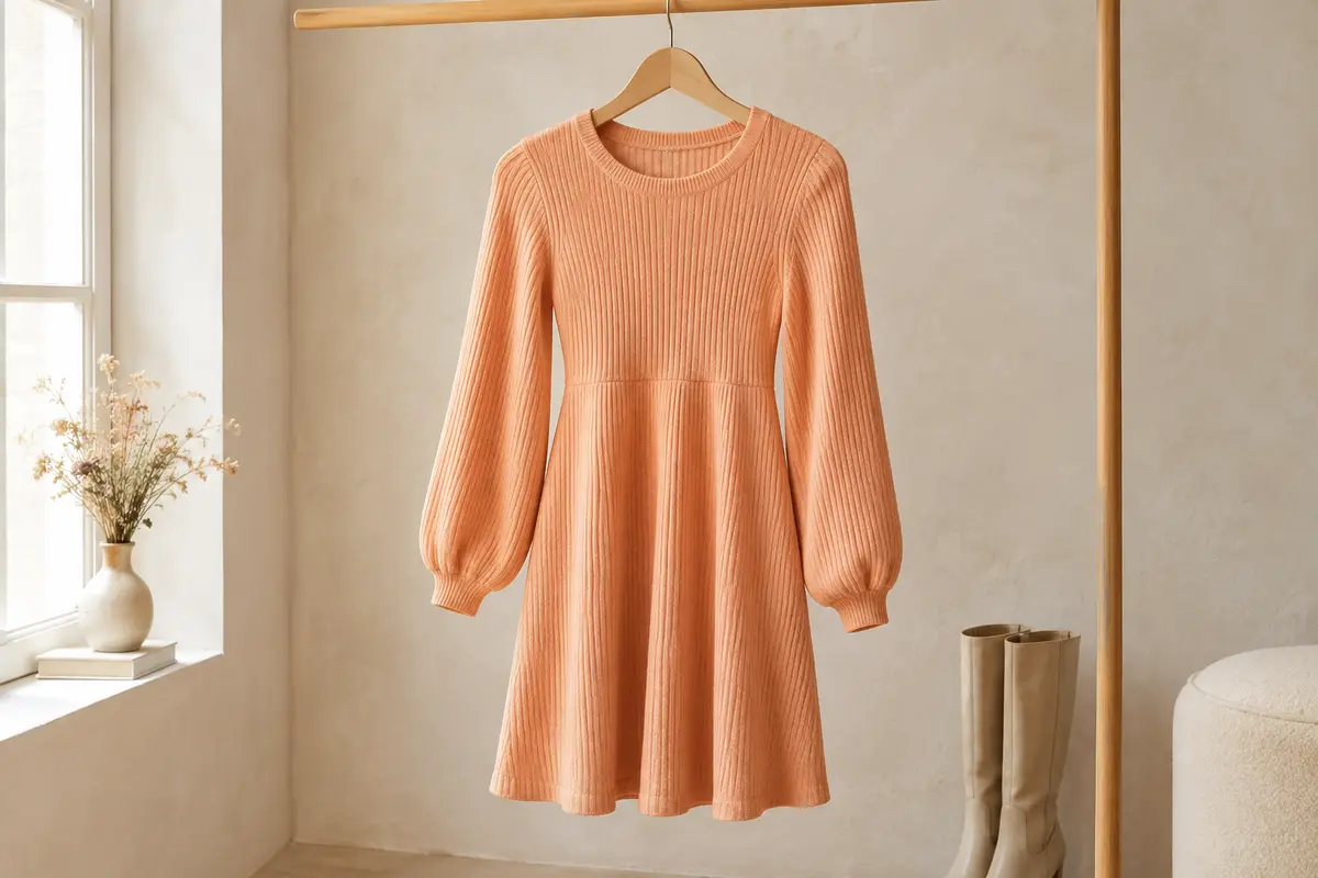 Robe pull courte abricot en maille côtelée, à manches bouffantes et taille empire, sur un cintre
