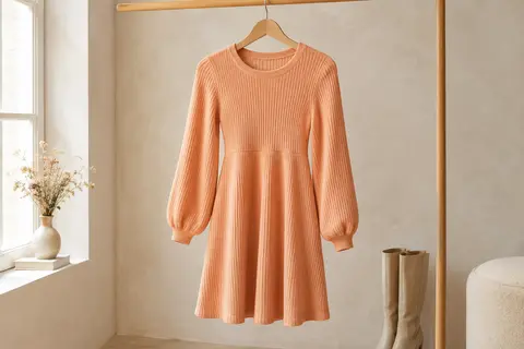 Robe pull courte abricot en maille côtelée, à manches bouffantes et taille empire, sur un cintre
