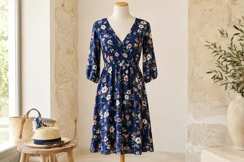 Robe tunique bleu marine à motif floral, décolleté en V et manches 3/4 sur mannequin sans tête.