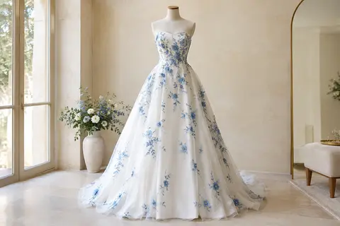 Robe de mariée longue bustier en taffetas et organza blanc et bleu, ornée de broderies florales.