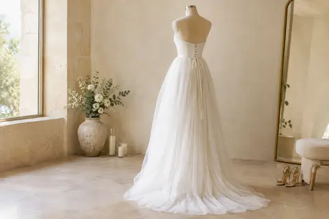 Robe longue blanche en tulle, sans bretelles, présentée de dos sur un mannequin de vitrine sans tête.