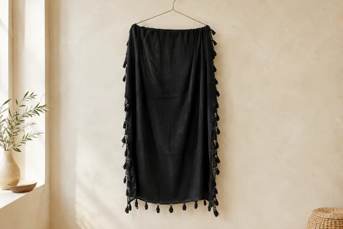 Paréo noir en coton à franges nouées, présenté seul sur un cintre dans un intérieur lumineux.