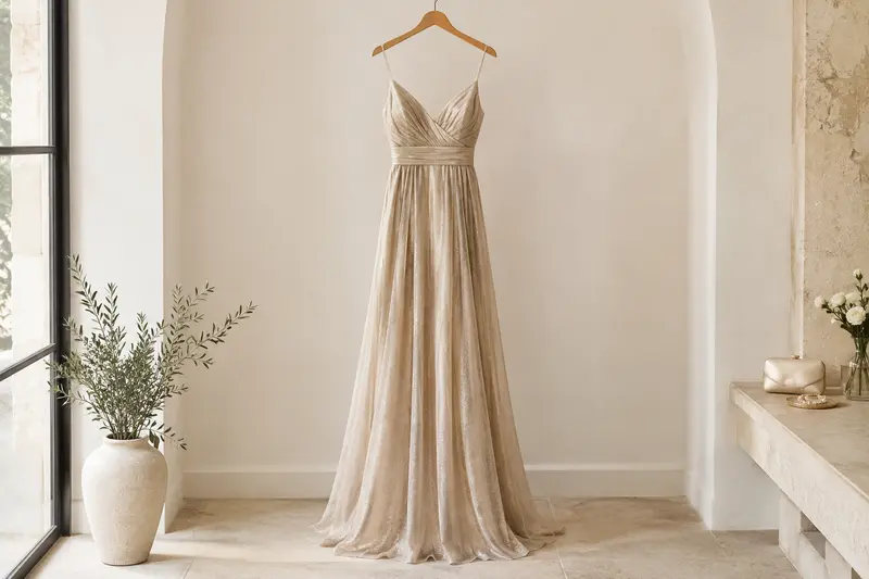 Robe de cérémonie sur cintre, détails de tissu visibles dans un intérieur lumineux et sobre.