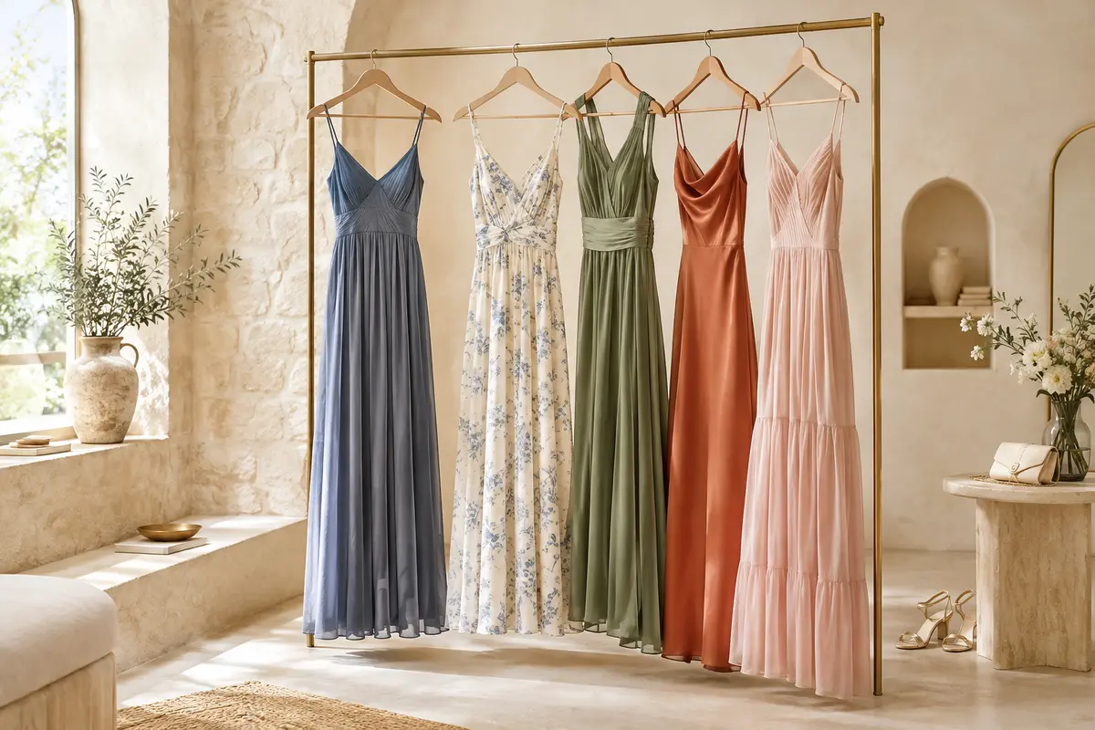 Robes pour femme présentées sur cintres dans un intérieur clair aux tons crème et pierre.